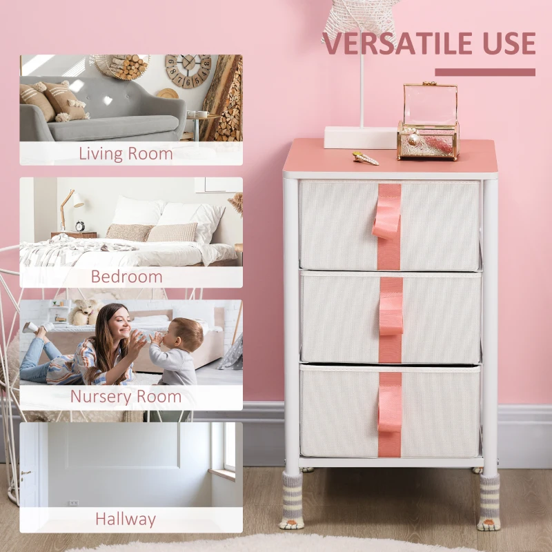 HOMCOM Bedroom Chest of Drawers, Cloth Organizer Unit with Fabric Drawers and Steel Frame, 3 Drawer Dresser, Pink
