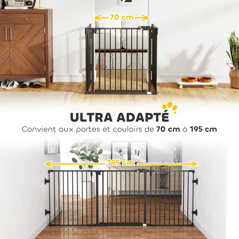 PawHut Barriere de securite chien pliable avec porte en acier 3 panneaux modulable fermeture automatique 202,5 x 2 x 76 cm noir