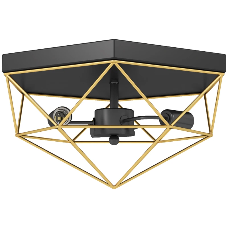 HOMCOM Lustră de Tavan Stil Industrial Geometrică cu 3 Socluri E27 pentru Becuri LED, Negru și Auriu