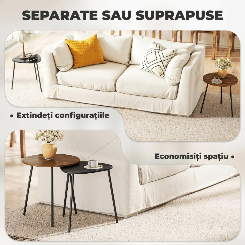 HOMCOM Set 2 Mese de Cafea Suprapozabile cu Cadru din Metal pentru Living și Birou, Nuc și Negru