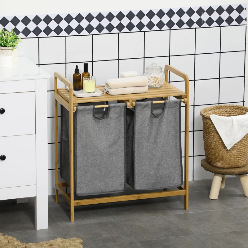 HOMCOM Cesto de Ropa Sucia de Bambú Cesto para la Colada con 2 Bolsas Extraíbles y Estante para Baño 63,5x33x73 cm Natural y Gris