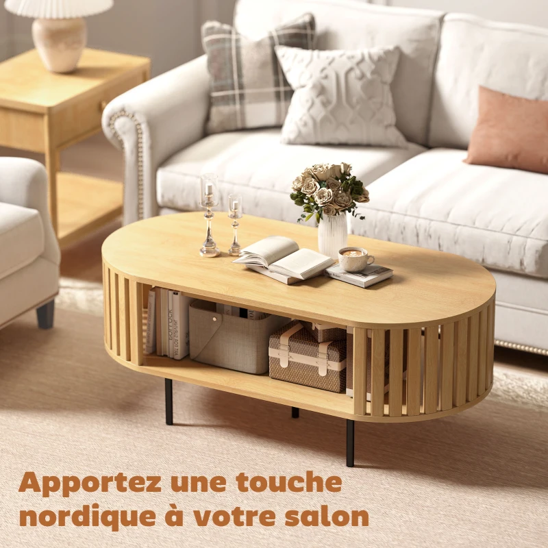 HOMCOM Table basse ovale, table de salon avec rangement, coins arrondis, design lattes, 100 x 50 x 40 cm, effet bois naturel(m-5)