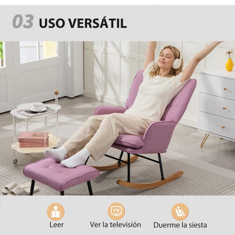 HOMCOM Silla Mecedora con Reposapiés con Cojín Acolchado Reposabrazos Respaldo Alto Patas de Madera Carga 130 kg Rosa