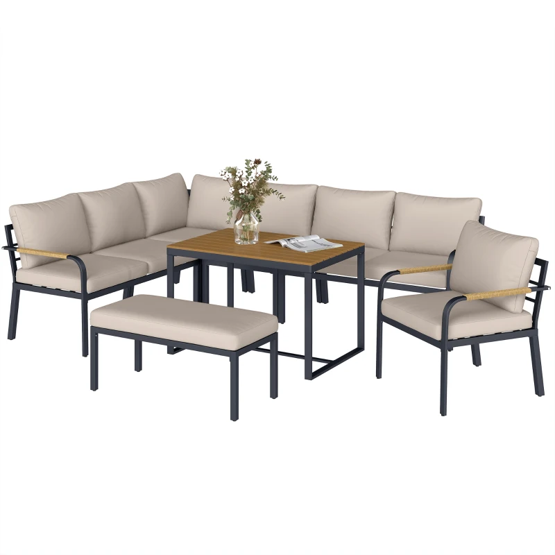 Outsunny Salon de Jardin 7 Pièces Ensemble Canapé d'Angle Extérieur Modulable avec Table en WPC et Pouf Beige et Gris