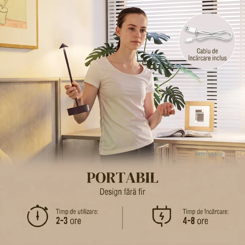 HOMCOM Lampă de Masă Touch Reîncărcabilă cu USB, Reglabilă 3000K/4500K/6000K, Autonomie 4-8 Ore, Cafeniu