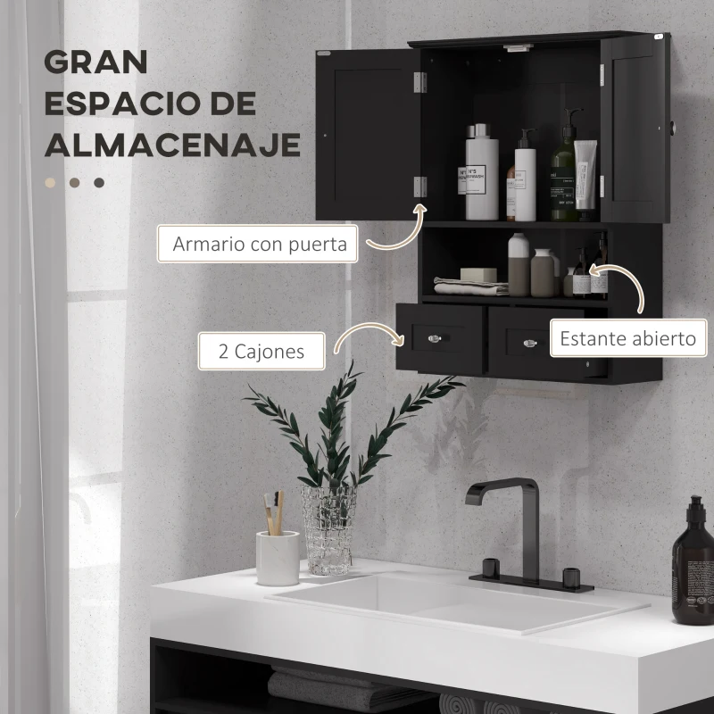 kleankin Armario de Baño de Pared Armario Colgante Mueble Suspendido de Baño con 2 Puertas y 2 Cajones 50,8x17,8x66 cm Negro
