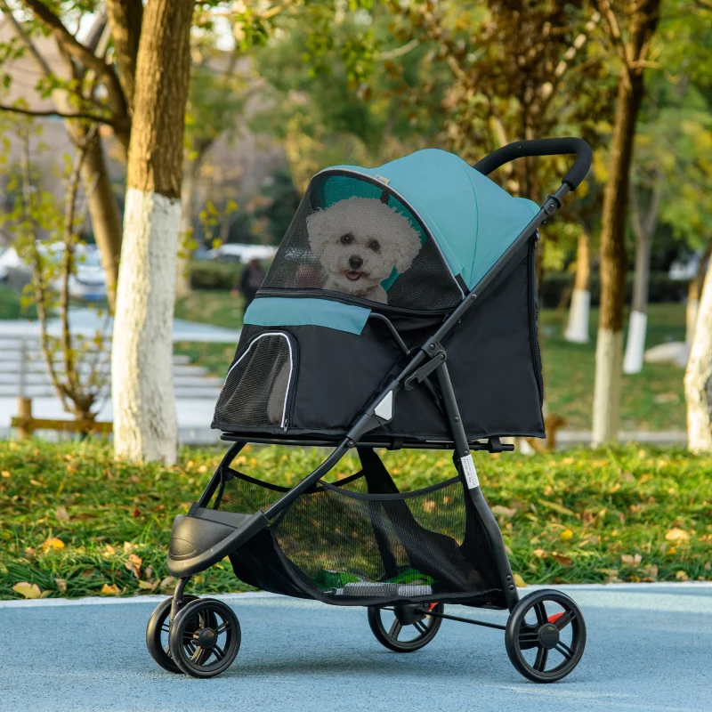 PawHut Cărucior pliabil pentru câini mici, cu 3 roți, protecție împotriva ploii și coș, verde închis