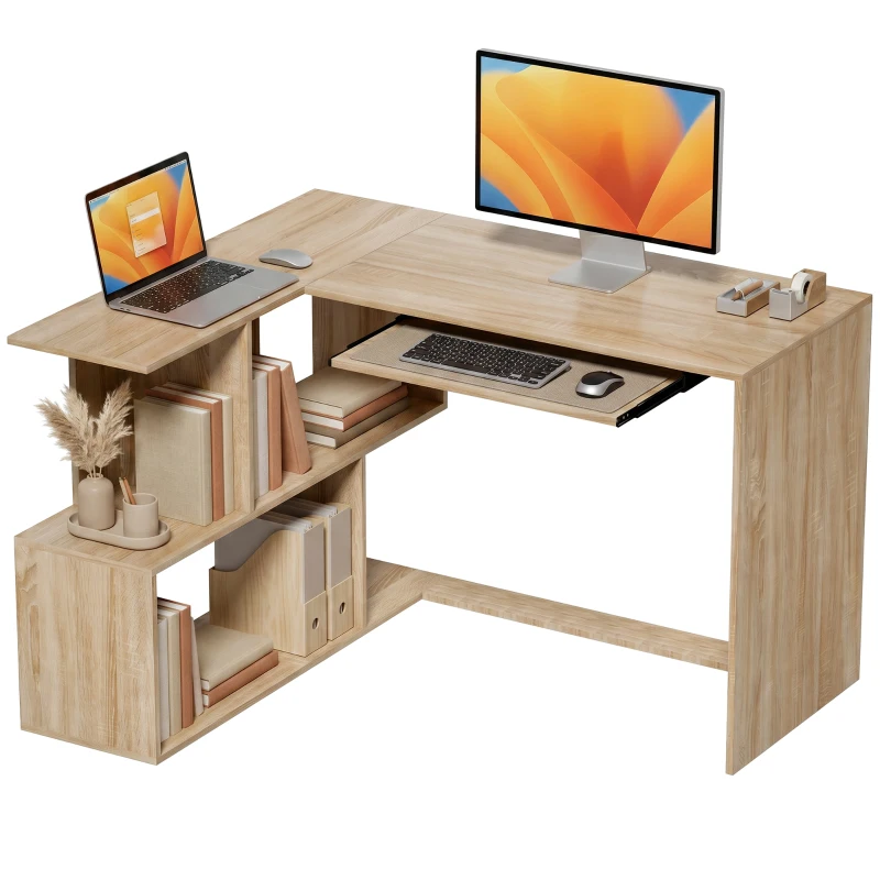 HOMCOM Bureau d'Angle, 120 x 100 x 76 cm, Bureau Informatique en L avec Plateau de Clavier, 4 Compartiments Ouverts, Naturel