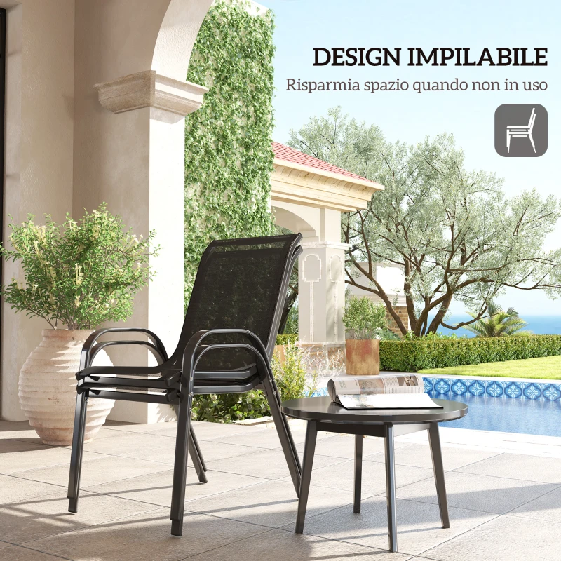 Outsunny Set 2 Sedie da Giardino Impilabili con Braccioli Curvi, in Acciaio e Tessuto Traspirante, 54x71x93 cm, Nero