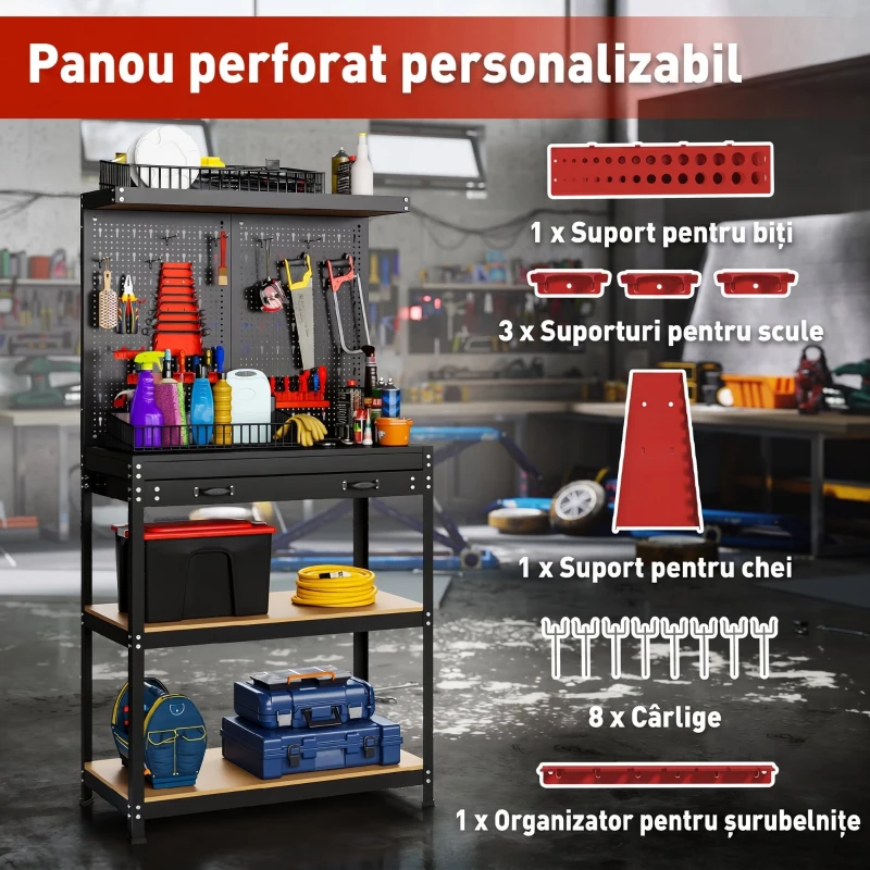 HOMCOM Banc de lucru cu panou perforat pentru scule, 2 rafturi și sertar, din oțel și lemn, 80x40,5x155 cm, negru