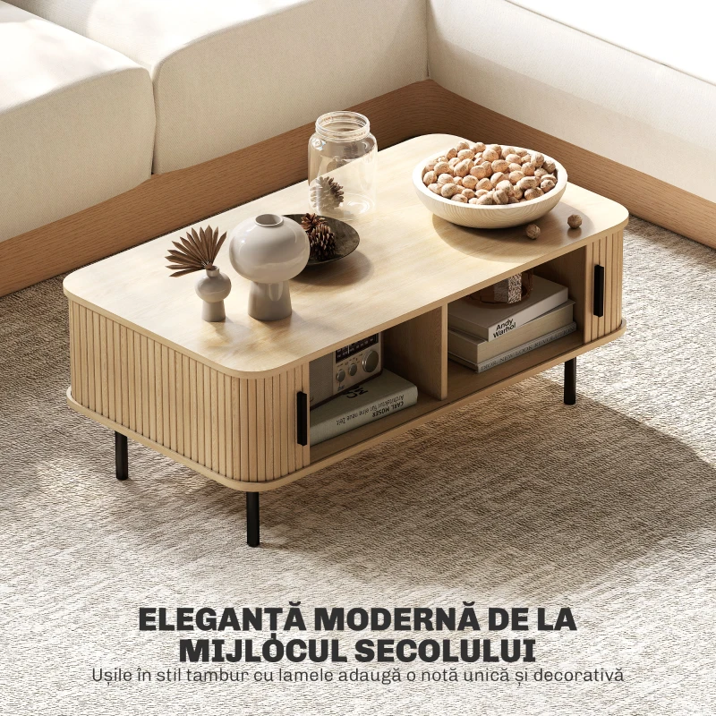 HOMCOM Măsuță de Cafea cu 2 Rafturi pentru Depozitare și Uși Glisante, din Lemn și Oțel, 100x55x40 cm, Negru și Stejar