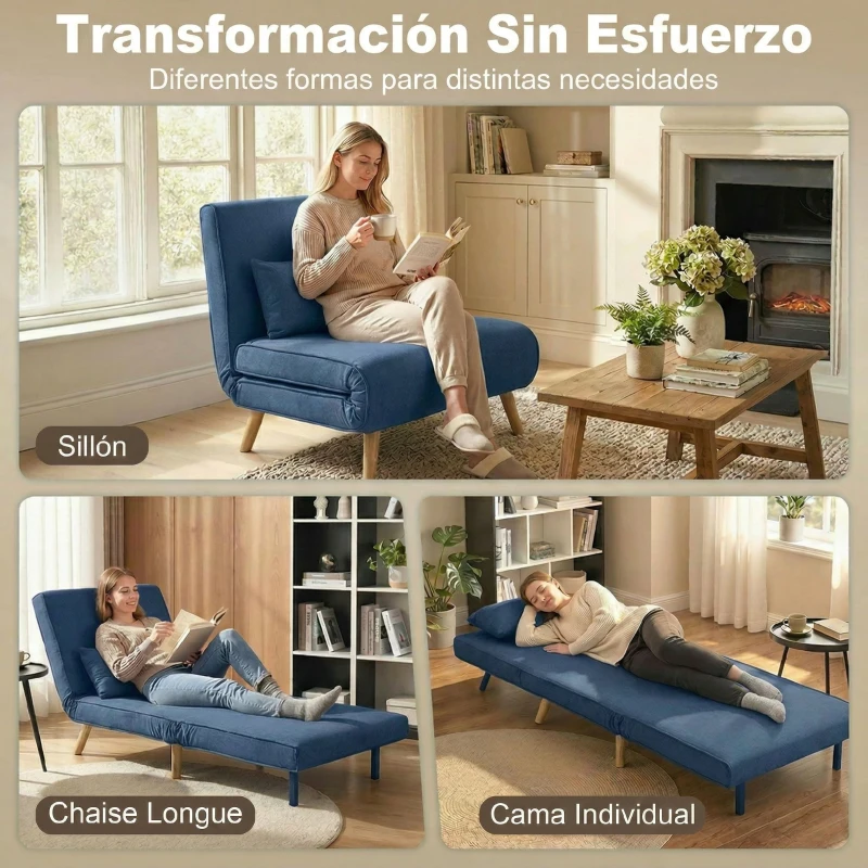 HOMCOM Sofá Cama Individual Plegable con Respaldo Ajustable 5 Posiciones Sillón Cama Tapizado con Cojín 72x75x85 cm Azul