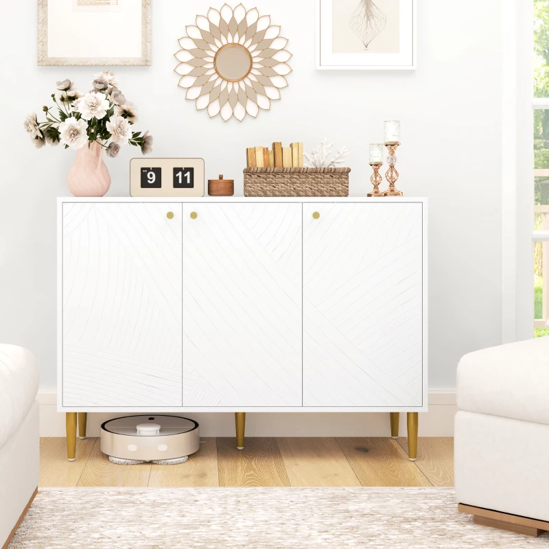 HOMCOM Buffet meuble de rangement avec 2 placard 3 portes étagères ajustables pieds dorés en acier 107 x 35 x 77 cm blanc