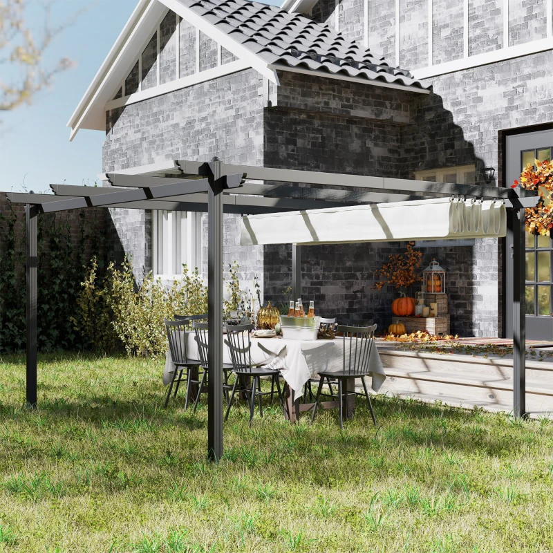 Outsunny Gazebo Pergola 4x4 m con Tettuccio Retrattile, 8 Viti e 8 Picchetti in Alluminio, Poliestere e Metallo, Bianco