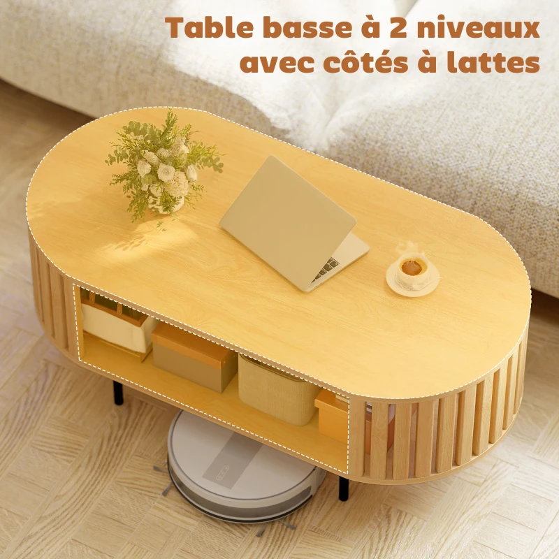 HOMCOM Table basse ovale, table de salon avec rangement, coins arrondis, design lattes, 100 x 50 x 40 cm, effet bois naturel(m-4)