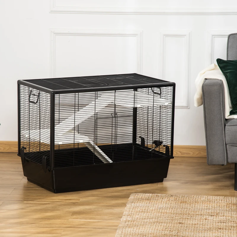 PawHut Gabbia per Porcellino d'India con Maniglia, Serbatoio d'Acqua, Rampa e Piatto, 80x48x58cm, Nera