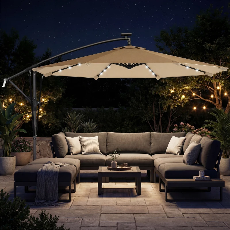 Outsunny Ombrellone a Sbalzo con 32 Luci LED Solari e Manovella, in Metallo e Poliestere, 330x295x245 cm, color Cachi