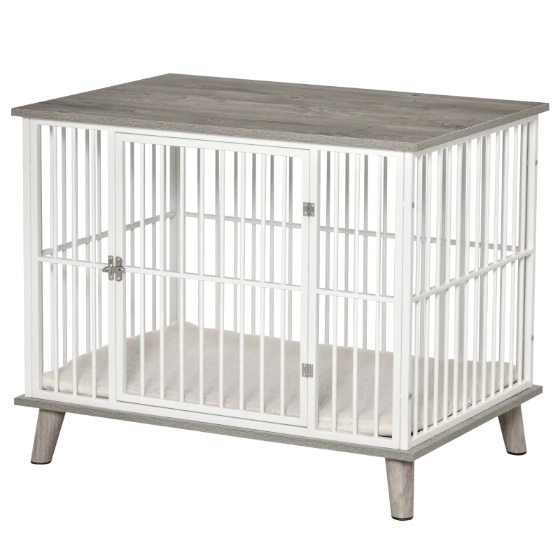 PawHut Cage pour chien moyens animaux avec coussin amovible lavable porte verrouillable avec loquet acier panneaux de particules blanc chêne gris