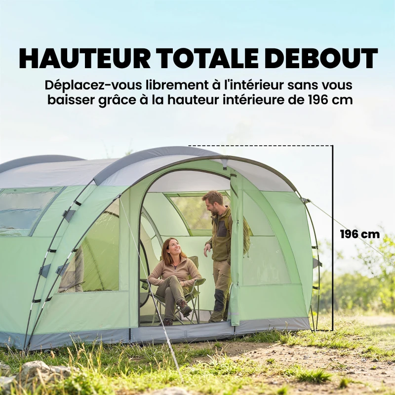 Outsunny Tente de camping pour 5 personnes, tente tunnel familiale légère ventilée étanche 3 000 mm montage facile, vert