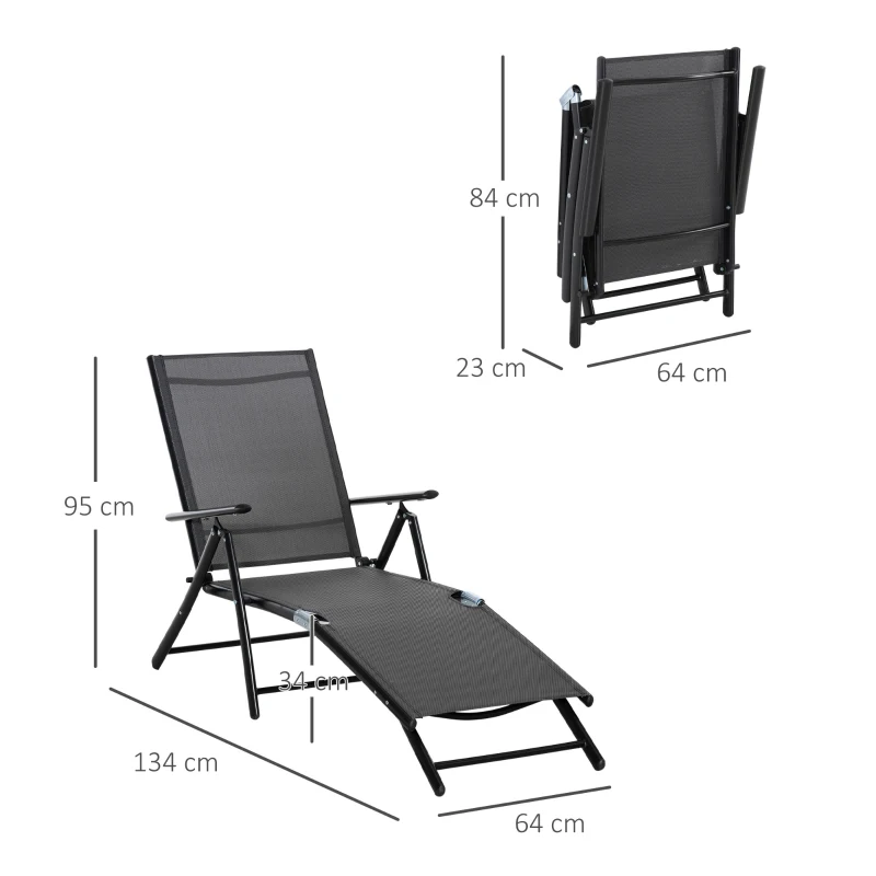 Outsunny Lot de 2 bain de soleil, chaise longue pliante, dossier réglable 7 positions, cadre en aluminium, 64x134x95cm, noir