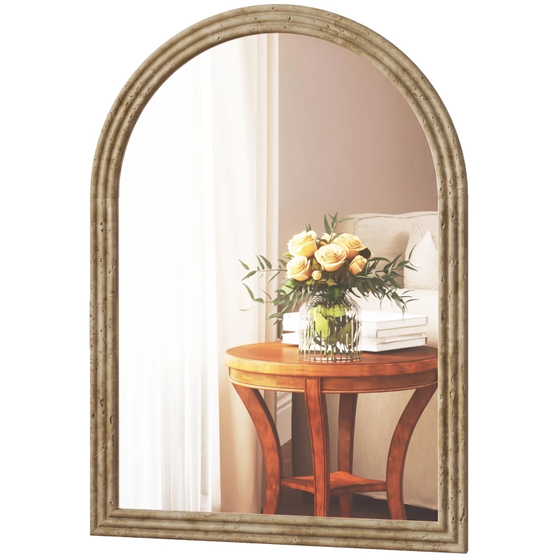 HOMCOM Modern Wall-Mounted Mirror, Arched Wall Mirror with Grooved Edge for Living Room, Entryway, Hallway, Brown