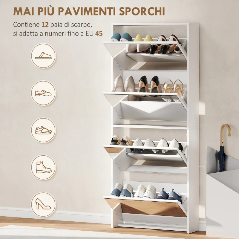 HOMCOM Scarpiera a Specchio a 4 Ante Antiribaltamento in Legno, 63x17x146 cm, Bianco