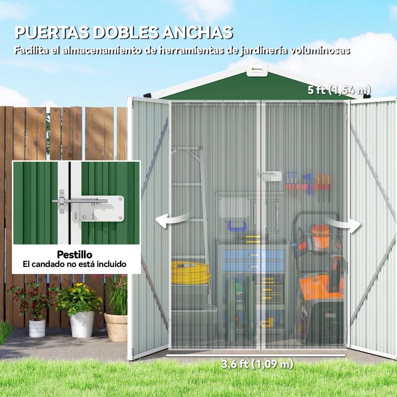 Outsunny Cobertizo de Jardín Exterior 1,1 m² 133x87x178 cm con 2 Puertas Abatibles Techo a Dos Aguas y Guantes Verde