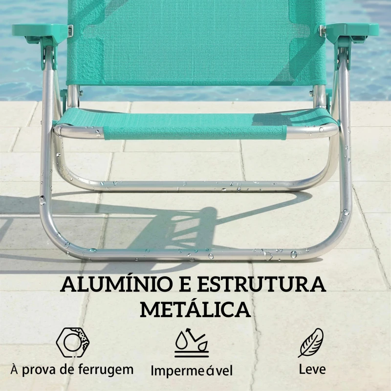 Outsunny Conjunto de 2 Cadeiras de Praia Dobráveis com Toldo Ajustável Encosto Reclinável em 6 Posições Apoio de Cabeça Turquesa