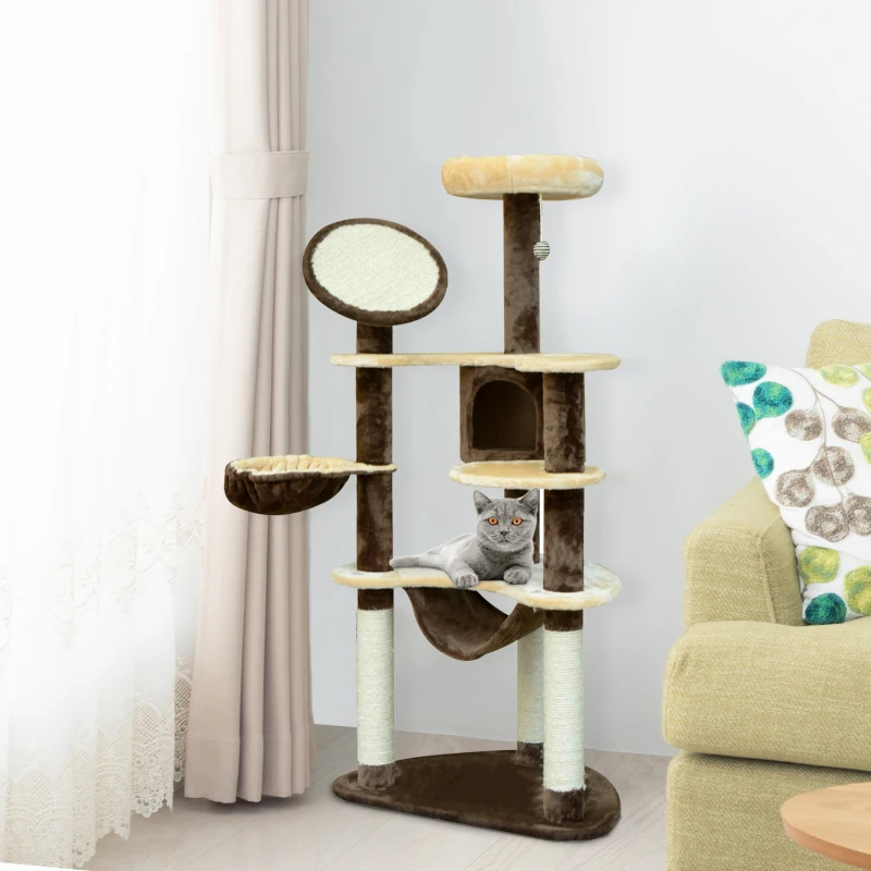 PawHut Arbre à chats centre d'activités griffoirs grattoir sisal niche hamac plateformes boule suspendue revêtement peluche courte 65L x 50l x 153H cm beige café