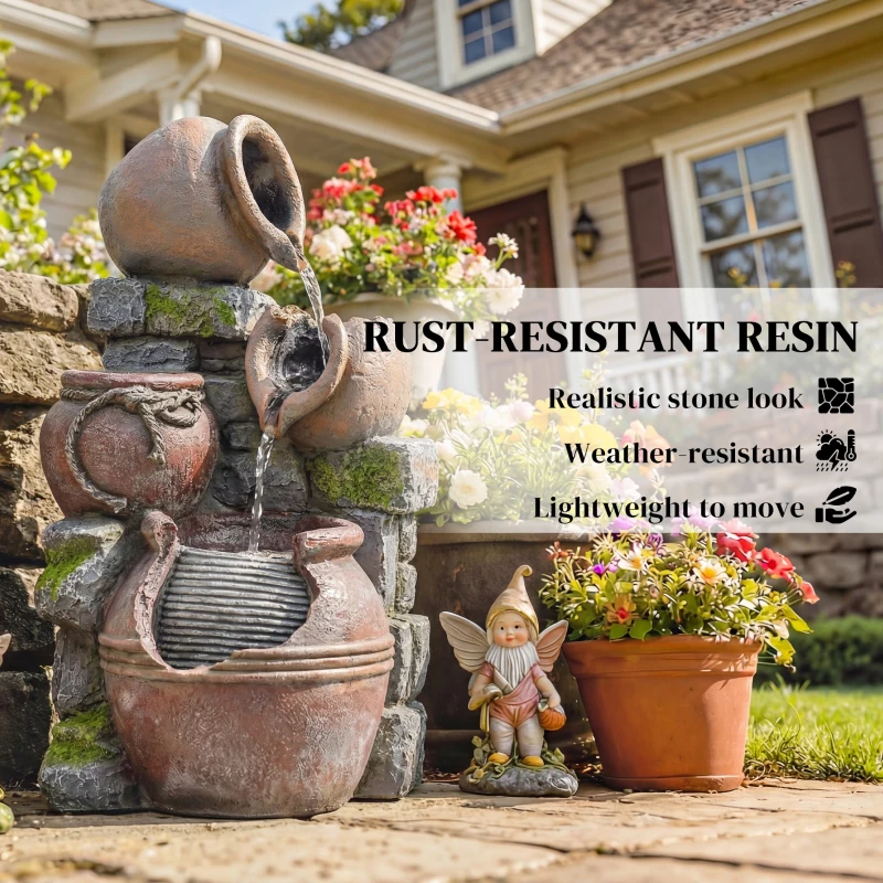 Outsunny Outdoor Fountain with 4-Tier Rustic Pots & Planter, Garden Fountain with LED Lights, Rustic Brown