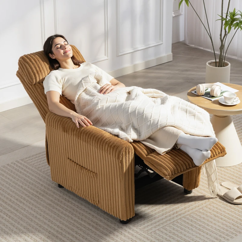 HOMCOM Sillón Relax Reclinable Manual Tapizado en Pana Instalación Rápida Reposapiés Acolchado Grueso Marrón