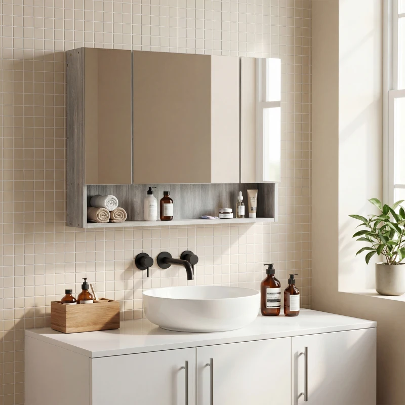 kleankin Armadietto con Specchio a 4 Sezioni con Ripiani Regolabili, in Legno e Vetro, 90x15x75 cm, Grigio