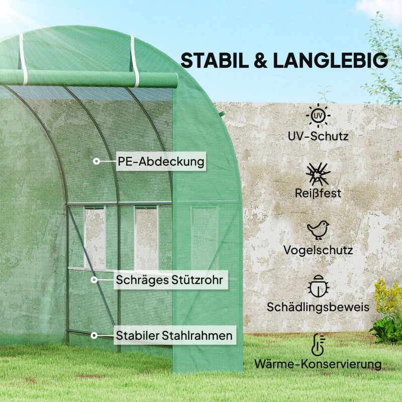 Outsunny Gewächshaus 350x200x200cm Foliengewächshaus Tomatenhaus mit Tür, 6 Fenster, Folientunnel aus verzinktem Stahl, PE, stabiles Treibhaus Pflanztunnel, inkl. Erdanker & Seilen, Grün