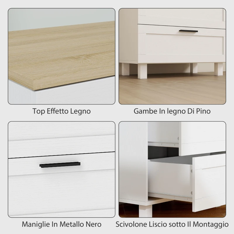 HOMCOM Cassettiera 3 Cassetti Moderna in Legno, 60x38x71 cm, Bianca e color Legno