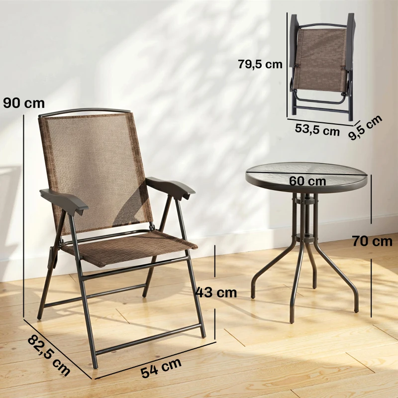 Outsunny Conjunto Mesa y 2 Sillas Muebles para Jardín Exterior Patio Terraza Silla Plegable Respaldo Reclinable a 4 Niveles Texteline Marco Acero Marrón