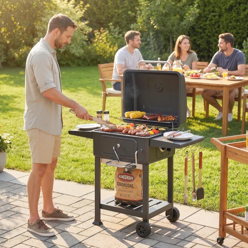 Outsunny Barbecue au charbon avec bac à charbon réglable, chariot grill de jardin fumoir avec tablettes latérales et thermomètre
