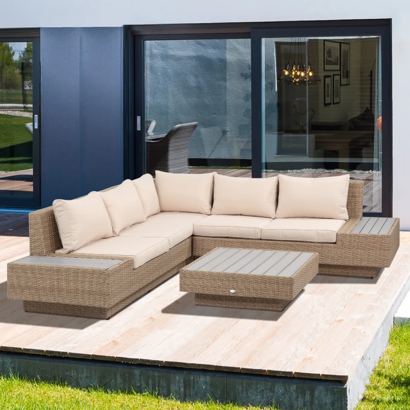 Outsunny Set da Giardino 4 Pezzi in Rattan, Divano Angolare con Cuscini e Tavolini, Nero e Marrone chiaro