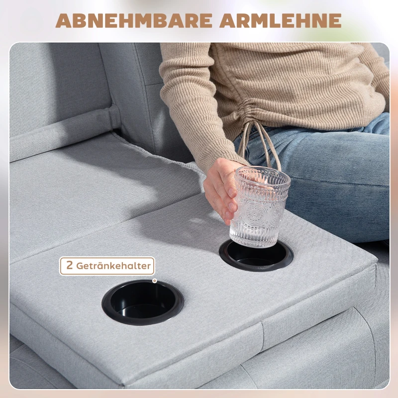 HOMCOM Schlafsofa, 3-Sitzer Sofa, Schlafcouch mit Klappbarem Tisch, Becherhalter, Bettsofa mit Leinenoptik, Couch Gästebet für Wohnzimmer, Hellgrau