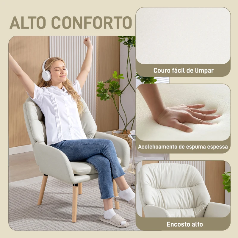 HOMCOM Poltrona de Sala de Estar Moderna Acolchoada de Dupla Camada Estofada em Couro Sintético Pés de Madeira 68x74x89 cm Creme