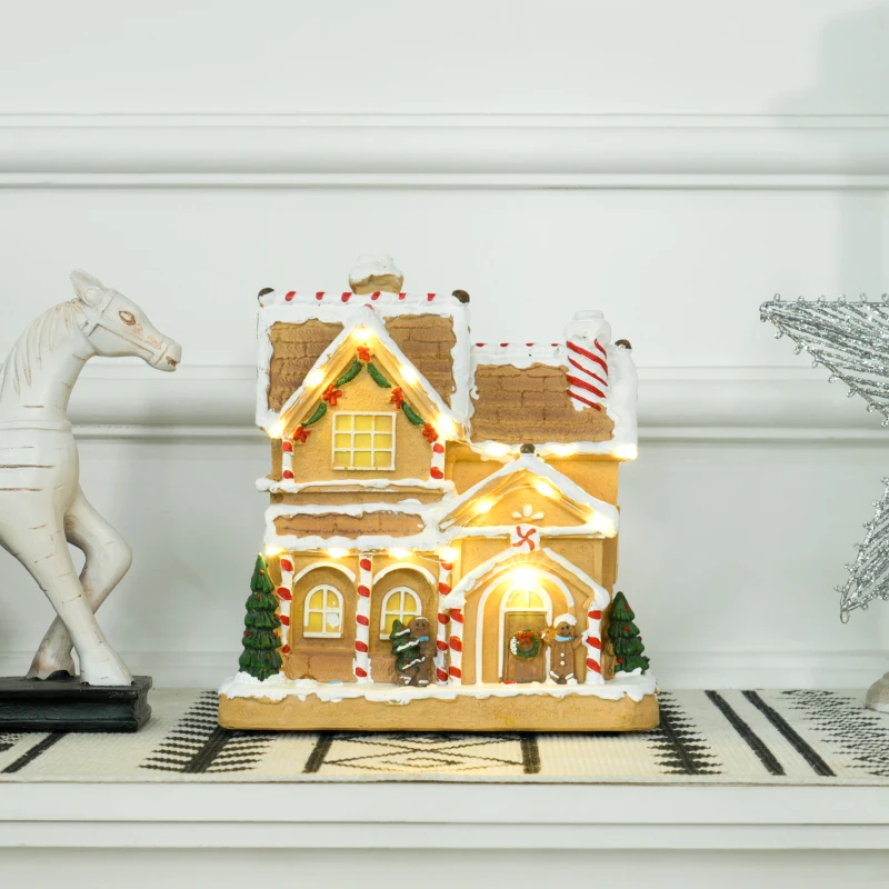 HOMCOM Lebkuchenhaus mit LED-Lichtern und Musik, Weihnachtshaus Winterlandschaft mit Lebkuchenmann, für Weihnachten, Braun