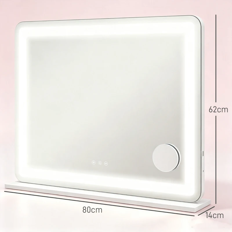 HOMCOM Oglindă pentru Machiaj cu LED-uri Reglabile, Mărire 10x, Priză USB și Comenzi Touch, 80x62x14cm