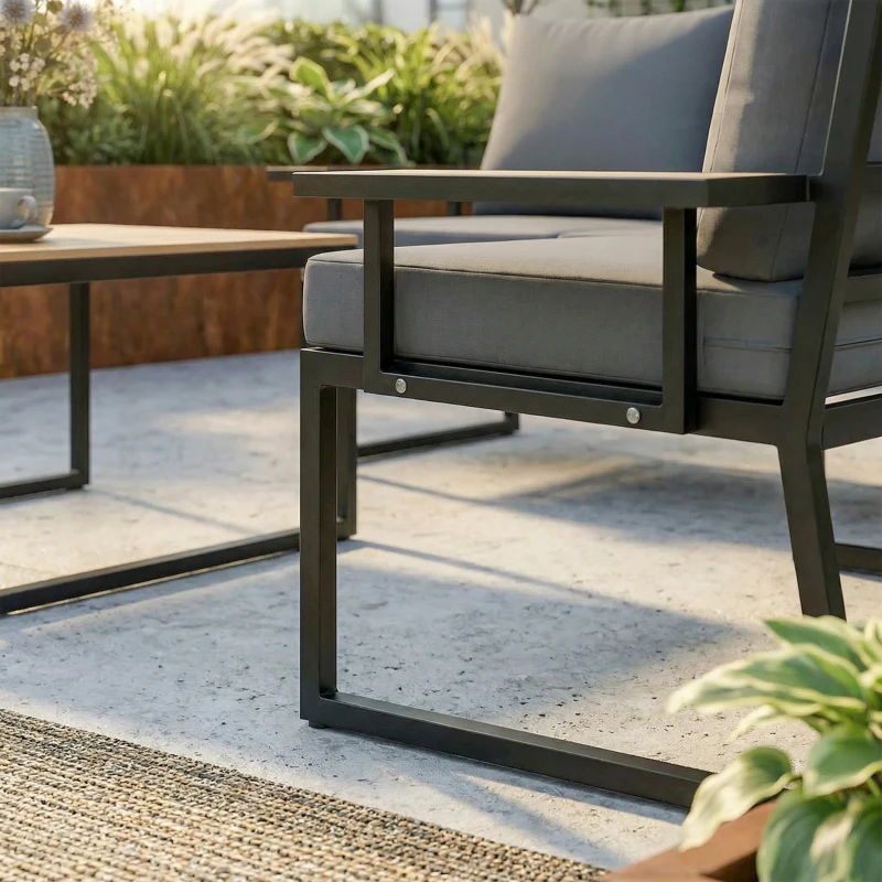 Outsunny 4 Seater Metal Garden Furniture Set, Corner Garden Sofa Set with 2 Loveseats, 2 Nesting Tables, Arm Side Trays, Teak