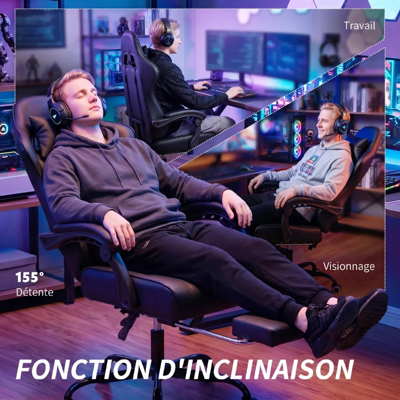 HOMCOM Chaise gaming ergonomique, fauteuil gamer avec support lombaire massant, dossier inclinable, hauteur réglable, noir