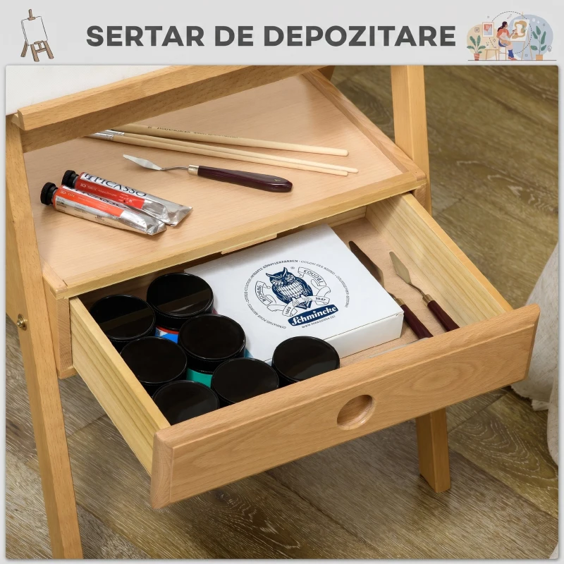 Vinsetto Șevalet de Pictură Reglabil cu Sertar Inferior, Șevalet din Lemn de Fag, 43,5x43x150-190 cm, Culoare Lemn