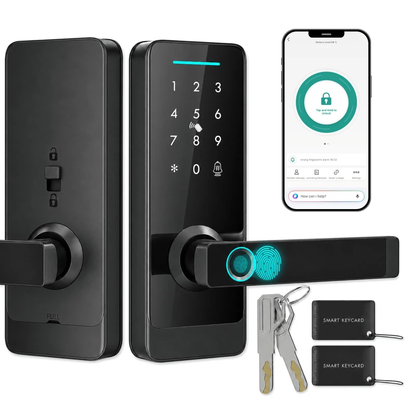 HOMCOM Smart Door Lock, 5-in-1 (Fingerprint/Passcode/Bluetooth APP/NFC Card/Key), Built-in Doorbell, Keyless Electronic Lock