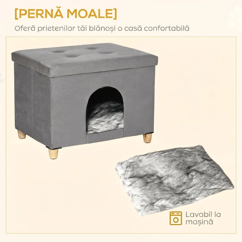 PawHut Căsuță pentru Pisici, Pouf Taburet Tapițat cu Pernă Detasabilă și Lavabilă, Gri