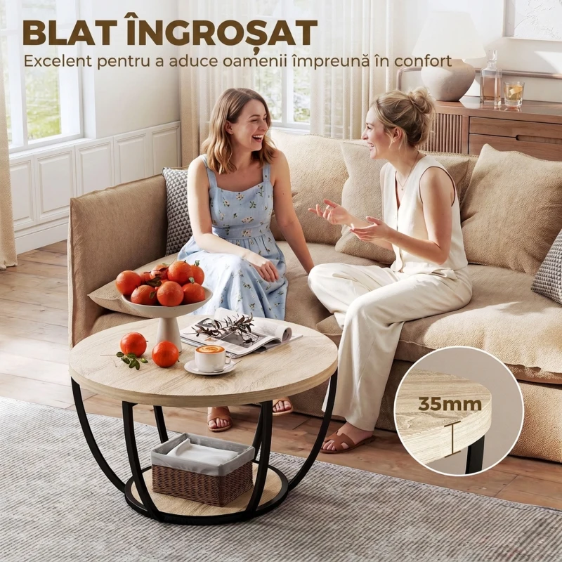 HOMCOM Măsuță de Cafea Rotundă cu 2 Rafturi, Picioare Metalice, Blat Gros, 80x80x43,8 cm, Finisaj Lemn Natur
