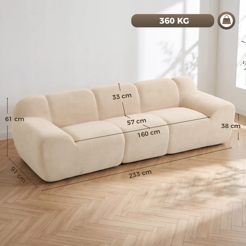 HOMCOM Sofá de 3 Plazas de Chenilla 233 cm Asiento Amplio y Profundo Reposabrazos Anchos Sin Montaje Beige