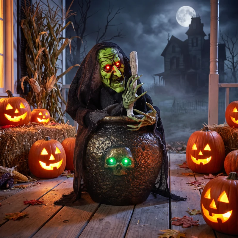 HOMCOM Bruxa de Mesa Animada para Halloween com Som de Risada, Olhos Iluminados e Ativação por Som/Toque