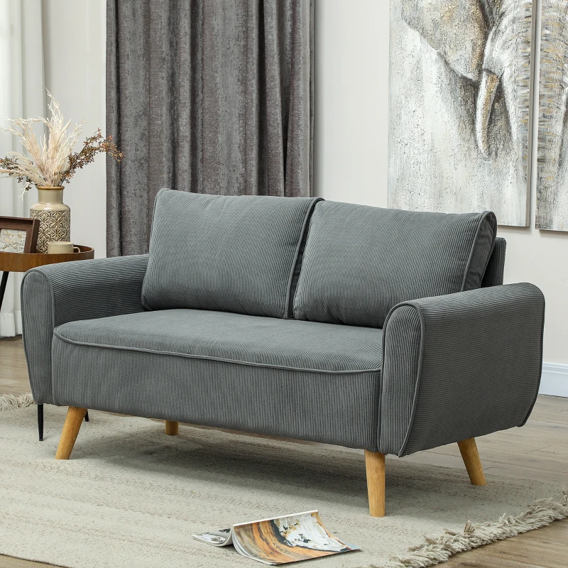 HOMCOM Zweisitzer-Sofa, Stoffcouch, 2 Rückenkissen, Cordbezug, 145 x 75 x 78 cm, Anthrazit(m-10)